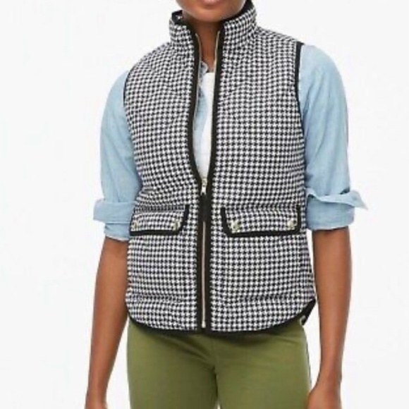 J Crew Houndstooth puffer vest women’s with snap pockets Black/White size L - Picture 1 of 8
